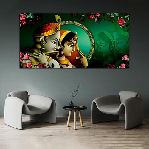 Radha Krishna Abstract Green-Pink Canvas Wall Painting (WP_0333N)
