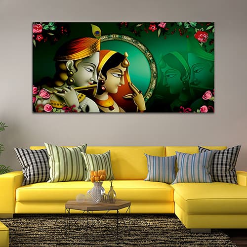 Radha Krishna Abstract Green-Pink Canvas Wall Painting (WP_0333N)