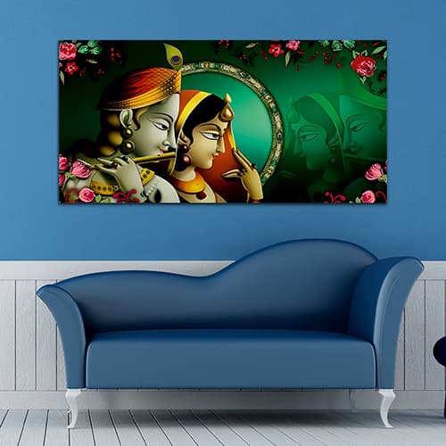 Radha Krishna Abstract Green-Pink Canvas Wall Painting (WP_0333N)
