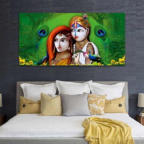 Radha Krishna Green Canvas Wall Painting (WP_0336N)