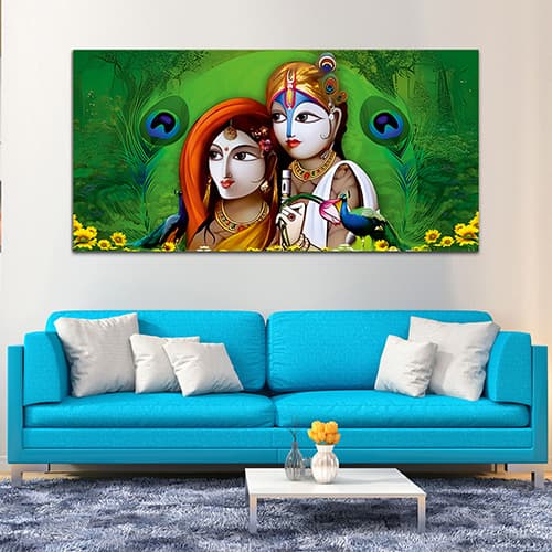 Radha Krishna Green Canvas Wall Painting (WP_0336N)