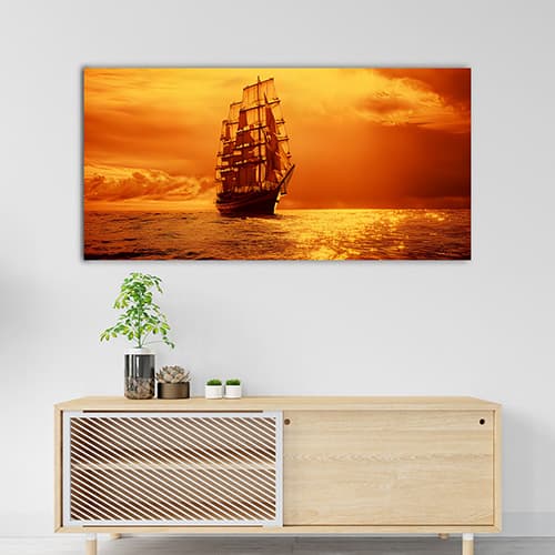 Beautiful Sunset with Boat under Lake Canvas Wall Painting (WP_0200N)