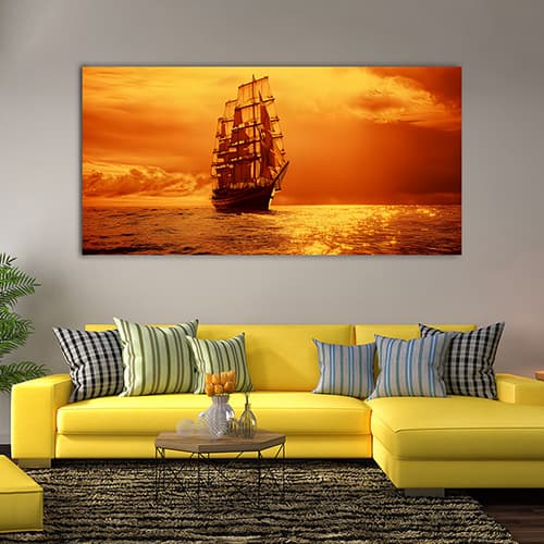 Beautiful Sunset with Boat under Lake Canvas Wall Painting (WP_0200N)