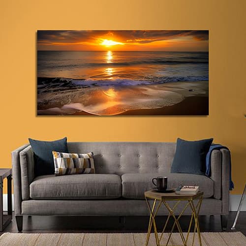 Beautiful beach sunset with bright red sky reflecting on the water Canvas Wall Painting (WP_0204N)