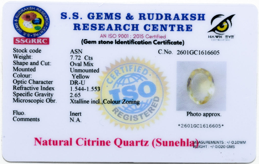 citrine 7.72 carat certificate image