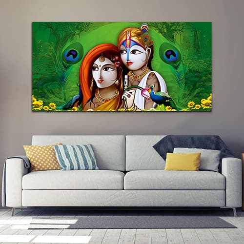 Radha Krishna Green Canvas Wall Painting (WP_0336N)