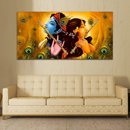 Radha Krishna Yellow-blue Canvas Wall Art Painting (WP_0380N)