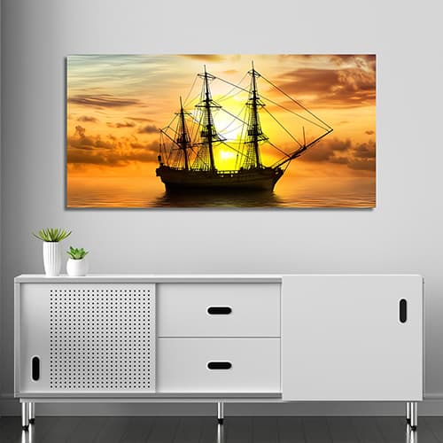 Sailing ship in a beautiful golden sunset Canvas Art Wall Painting (WP_0203N)