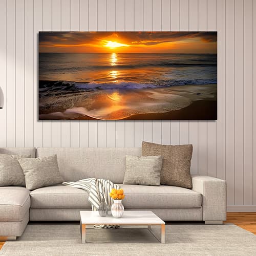 Beautiful beach sunset with bright red sky reflecting on the water Canvas Wall Painting (WP_0204N)